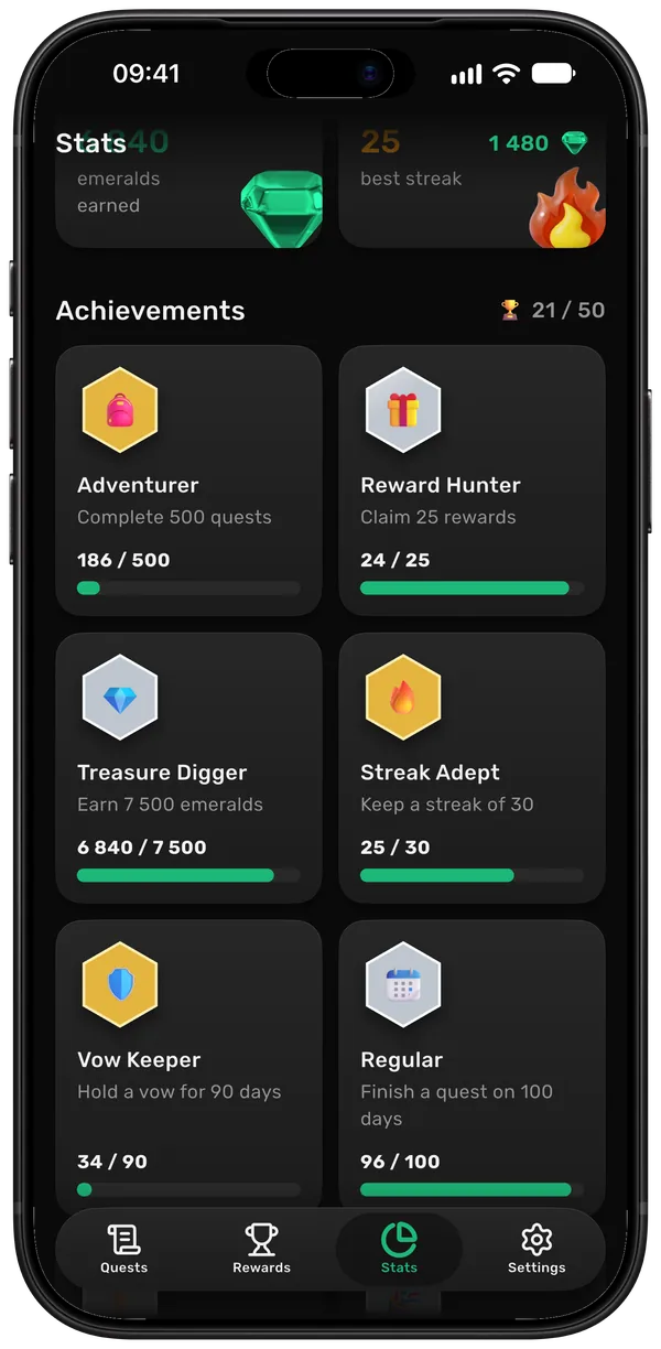 Achievements: Adventurer, Reward Hunter, Treasure Digger and more, with progress bars
