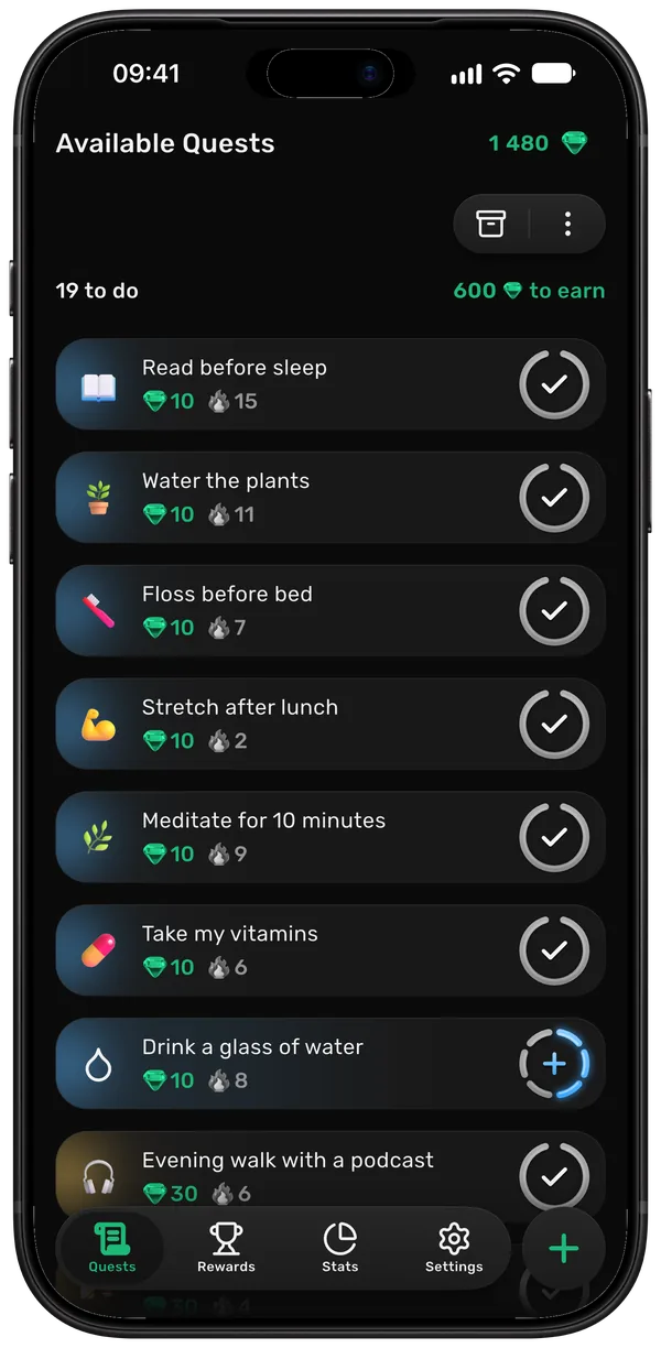 Today’s quests, each with its emerald reward and streak