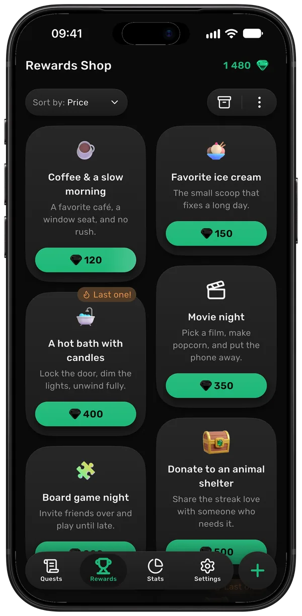 Rewards shop: a slow morning for 120 emeralds, ice cream for 150, a hot bath for 400