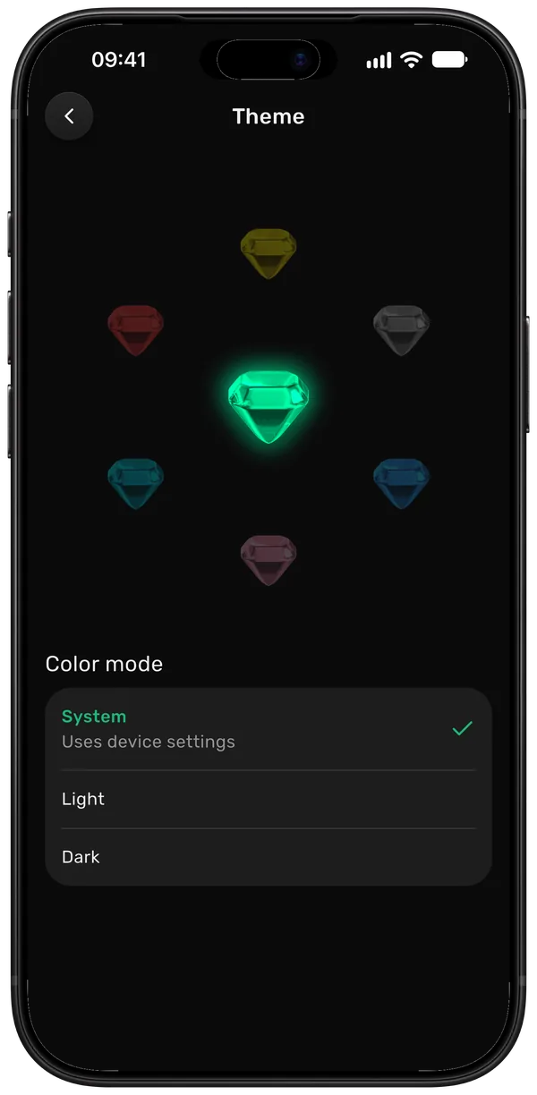 Theme picker with gem colours, and light or dark mode