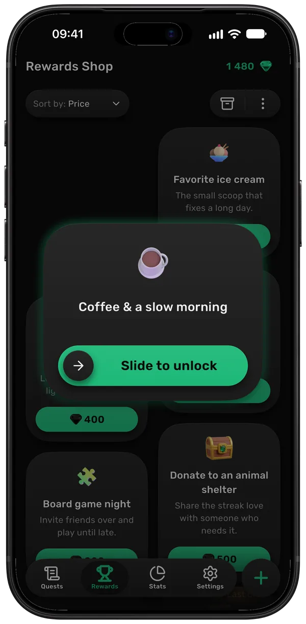 Buying a reward: slide to unlock “Coffee & a slow morning”